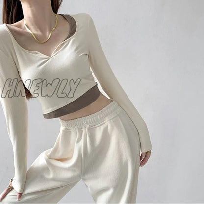 Hnewly Long Sleeve Elegant Girl T Shirt Thin Slim Y2k Crop Tops Women Korean Fashion Clothing Elegant Blouse Office Lady Autumn