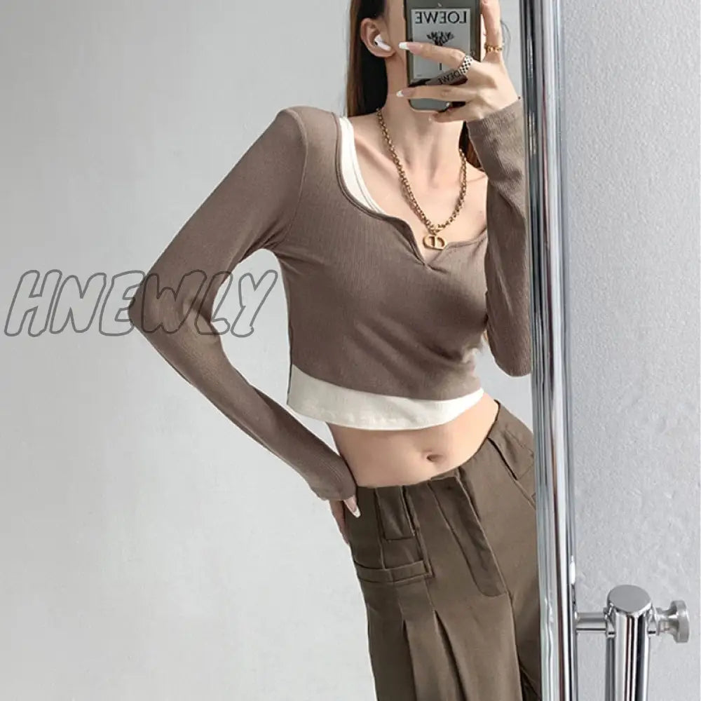 Hnewly Long Sleeve Elegant Girl T Shirt Thin Slim Y2k Crop Tops Women Korean Fashion Clothing Elegant Blouse Office Lady Autumn