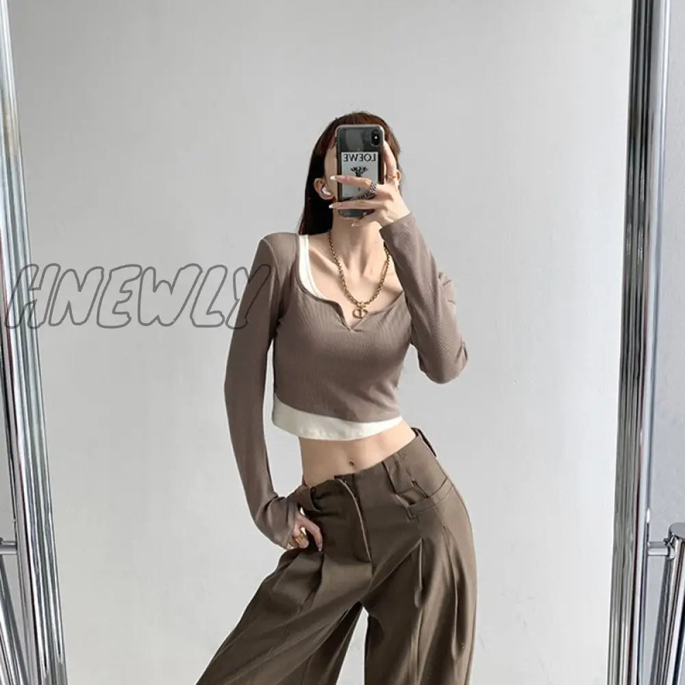 Hnewly Long Sleeve Elegant Girl T Shirt Thin Slim Y2k Crop Tops Women Korean Fashion Clothing Elegant Blouse Office Lady Autumn