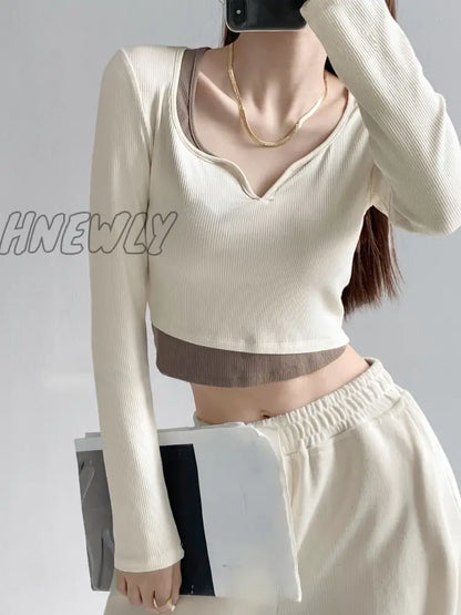 Hnewly Long Sleeve Elegant Girl T Shirt Thin Slim Y2k Crop Tops Women Korean Fashion Clothing Elegant Blouse Office Lady Autumn