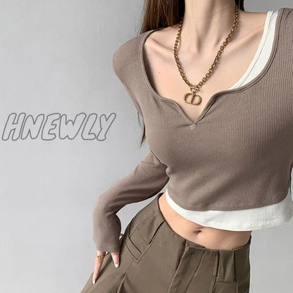 Hnewly Long Sleeve Elegant Girl T Shirt Thin Slim Y2k Crop Tops Women Korean Fashion Clothing Elegant Blouse Office Lady Autumn