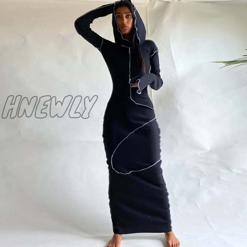 xsrrr Long Sleeve Hooded Patchwork Skinny Maxi Dress Autumn Winter Women Fashion Streetwear Casual Outfits