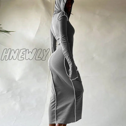 xsrrr Long Sleeve Hooded Patchwork Skinny Maxi Dress Autumn Winter Women Fashion Streetwear Casual Outfits