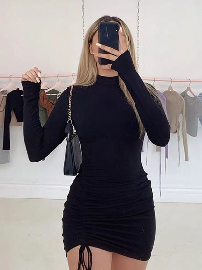 Hnewly Long Sleeve Ruched Bodycon Dress Women Turtleneck Bandage Mini Dresses Autumn Black Skinny Stretchy Party Vestidos