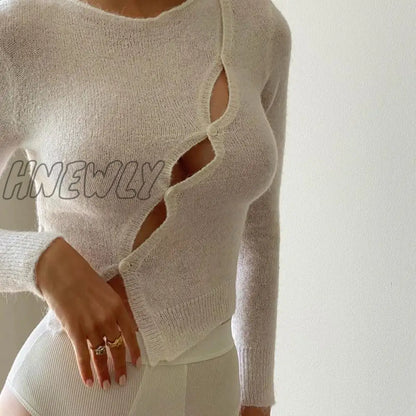 Hnewly Long Sleeve Spring Autumn Knitted Women Tops Sweaters T-Shirts Elegant Hollow Out Top Tees Streetwear Y2K Clothes