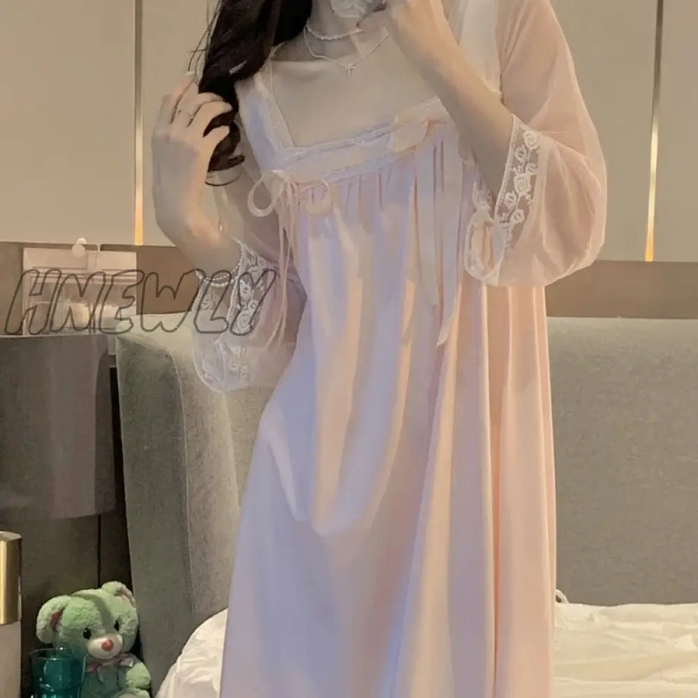 xsrrr Long Sleeved Nightgown for Women Spring and Summer Palace Princesses Retro Lace Sweet and Long Home Clothes Lace Sexy Sleepwear