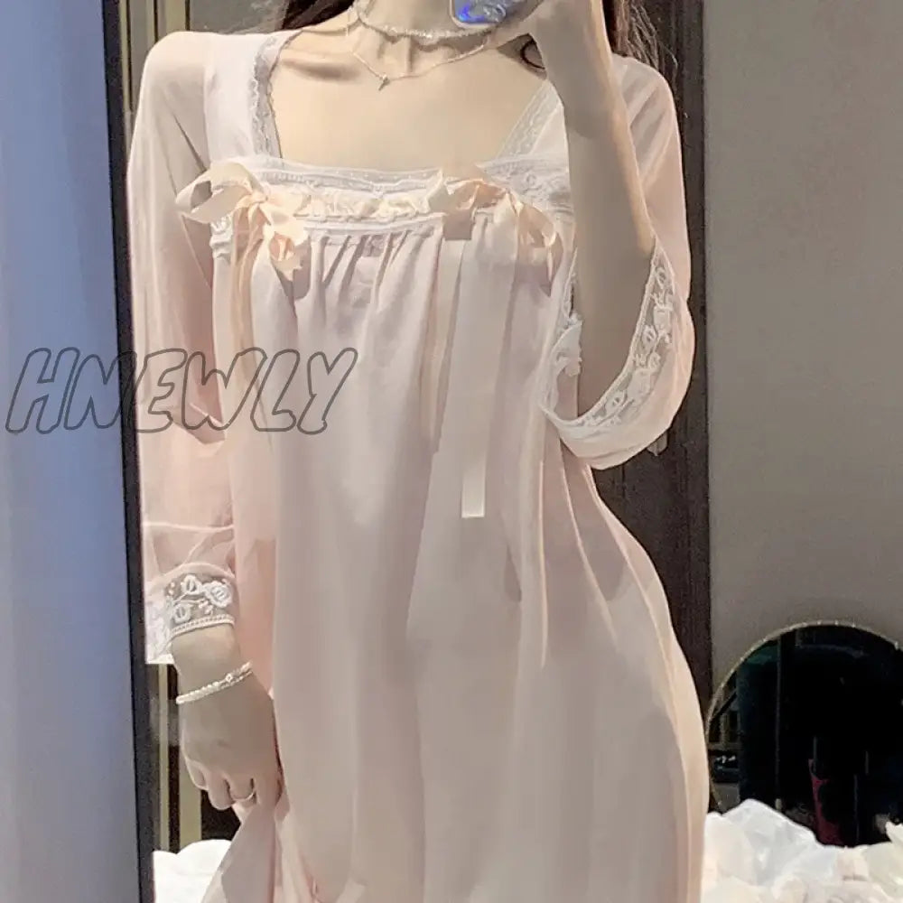 xsrrr Long Sleeved Nightgown for Women Spring and Summer Palace Princesses Retro Lace Sweet and Long Home Clothes Lace Sexy Sleepwear