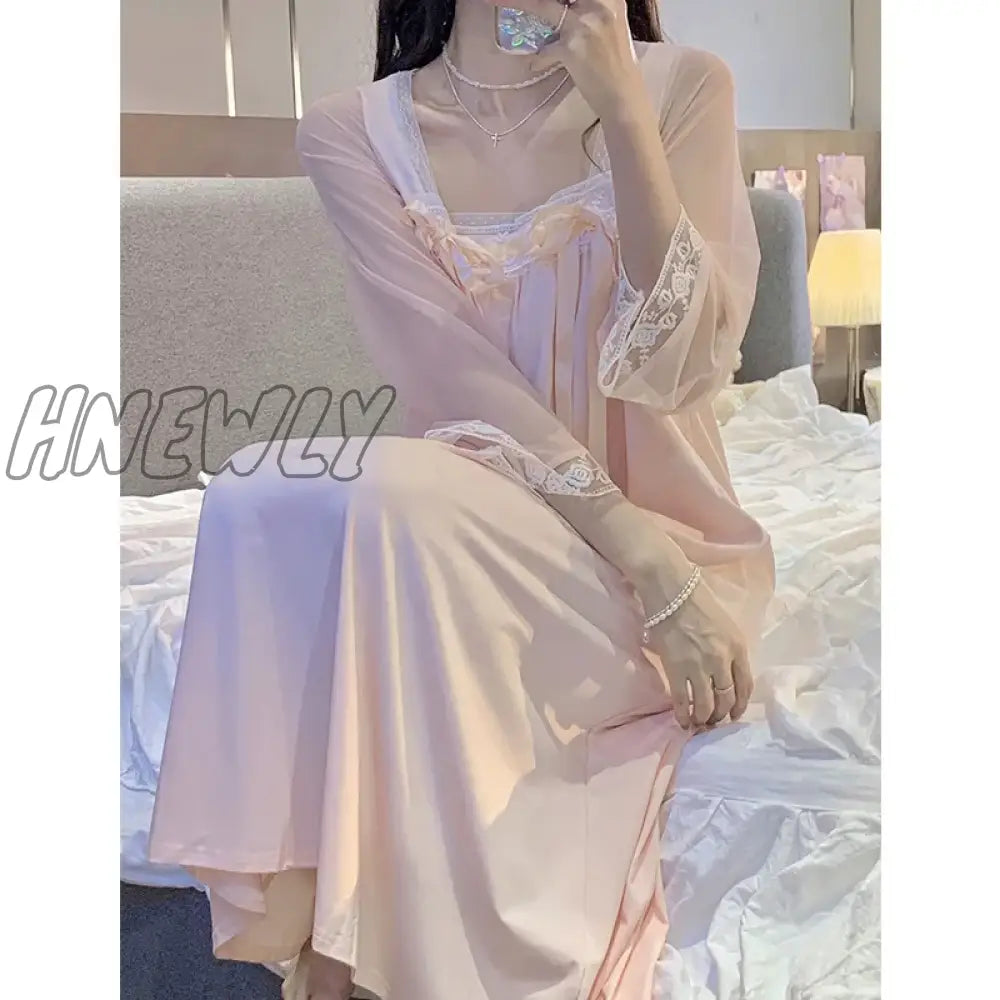 xsrrr Long Sleeved Nightgown for Women Spring and Summer Palace Princesses Retro Lace Sweet and Long Home Clothes Lace Sexy Sleepwear