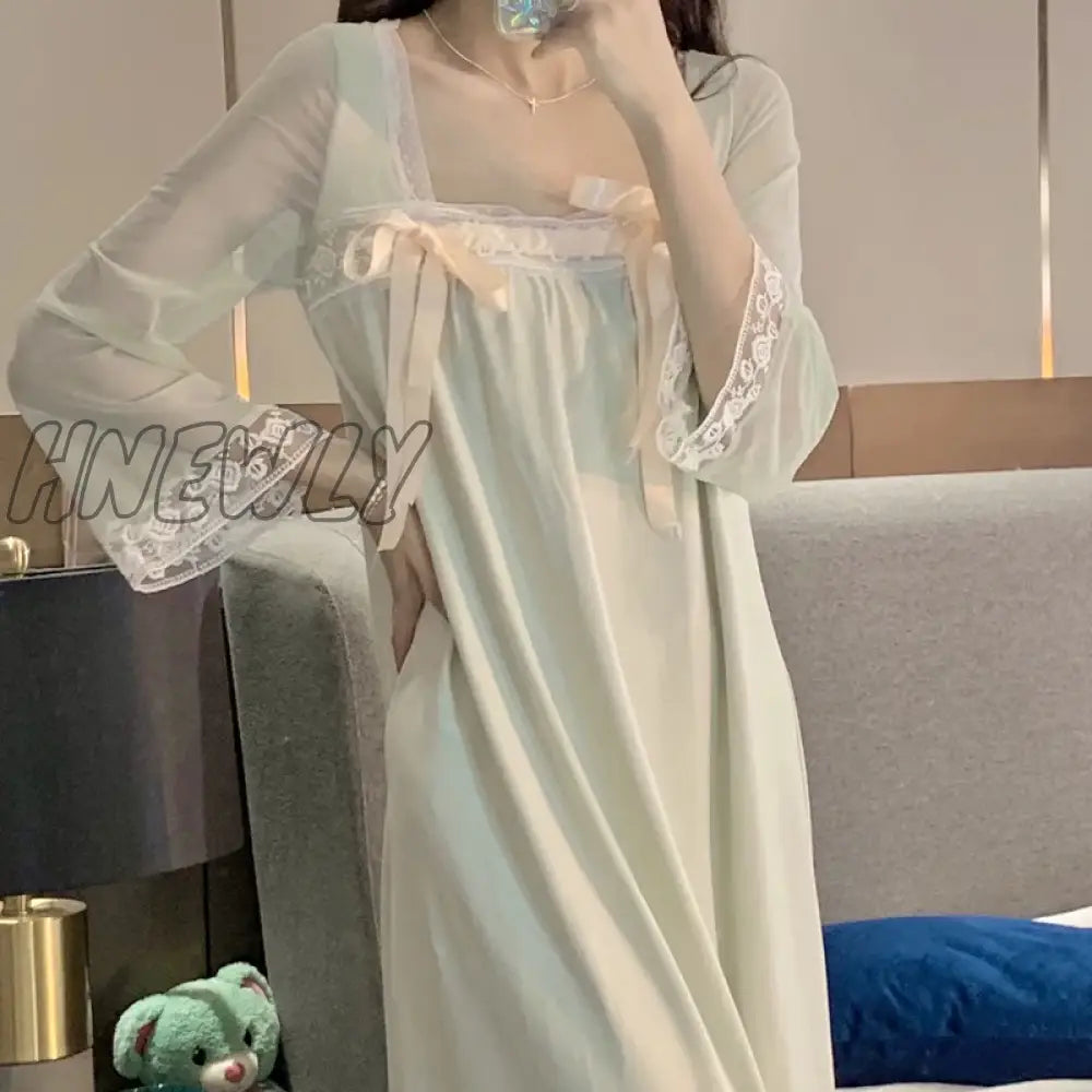 xsrrr Long Sleeved Nightgown for Women Spring and Summer Palace Princesses Retro Lace Sweet and Long Home Clothes Lace Sexy Sleepwear