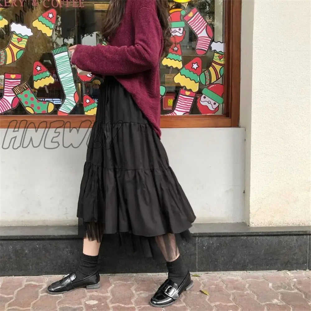 Hnewly Long Tulle Midi Skirts Womens Autumn Elastic High Waist Mesh Tutu Pleated Skirts Female Black White Long Skirt Streetwear