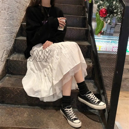 Hnewly Long Tulle Midi Skirts Womens Autumn Elastic High Waist Mesh Tutu Pleated Skirts Female Black White Long Skirt Streetwear