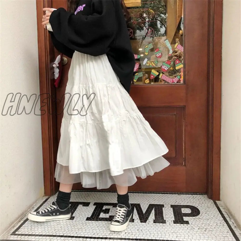 Hnewly Long Tulle Midi Skirts Womens Autumn Elastic High Waist Mesh Tutu Pleated Skirts Female Black White Long Skirt Streetwear