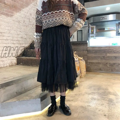 Hnewly Long Tulle Midi Skirts Womens Autumn Elastic High Waist Mesh Tutu Pleated Skirts Female Black White Long Skirt Streetwear