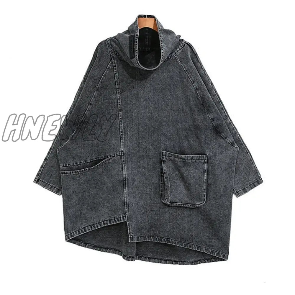 Hnewly Loose Fit Black Denim Oversized Sweatshirt New High Collar Long Sleeve Women Big Size Fashion Spring Autumn