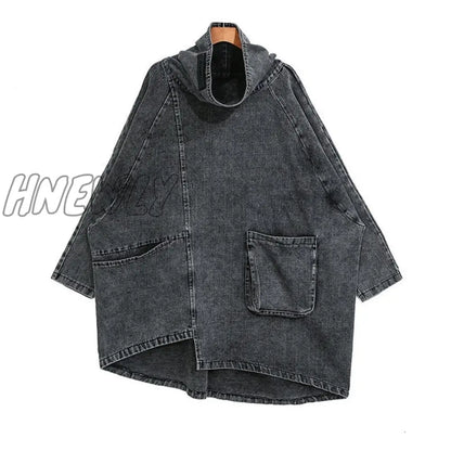 Hnewly Loose Fit Black Denim Oversized Sweatshirt New High Collar Long Sleeve Women Big Size Fashion Spring Autumn