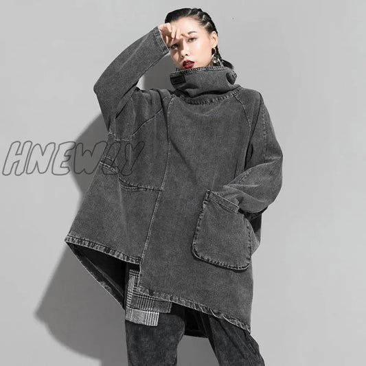 Hnewly Loose Fit Black Denim Oversized Sweatshirt New High Collar Long Sleeve Women Big Size Fashion Spring Autumn