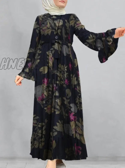 xsrrr Loose Robe Casual Sleeve Long Sundress Women Print Maxi Dresses Spring Ladies Long Vestidos Bandage Formal Dress for Wedding