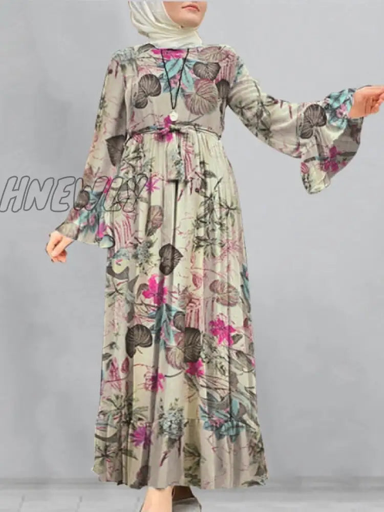 xsrrr Loose Robe Casual Sleeve Long Sundress Women Print Maxi Dresses Spring Ladies Long Vestidos Bandage Formal Dress for Wedding