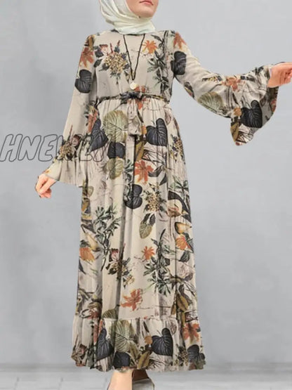 xsrrr Loose Robe Casual Sleeve Long Sundress Women Print Maxi Dresses Spring Ladies Long Vestidos Bandage Formal Dress for Wedding