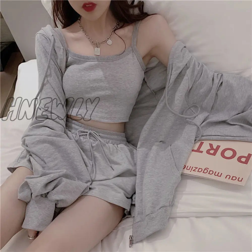 Hnewly Loungewear Women 3 Pieces Summer Sleepwear Ensembles De Pyjama Nightgown Suits with Shorts Home Wear Roomware