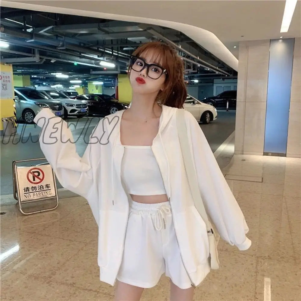 Hnewly Loungewear Women 3 Pieces Summer Sleepwear Ensembles De Pyjama Nightgown Suits with Shorts Home Wear Roomware