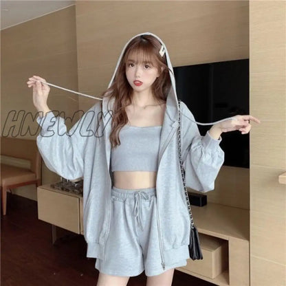 Hnewly Loungewear Women 3 Pieces Summer Sleepwear Ensembles De Pyjama Nightgown Suits with Shorts Home Wear Roomware