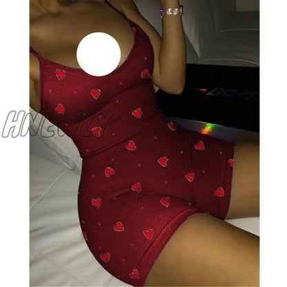 xsrrr Lovely Heart Bodysuit for Women Sexy Club V-neck Sleeveless Rompers Ladies Summer Bodycon Jumpsuits Female Y2k Fall Winter