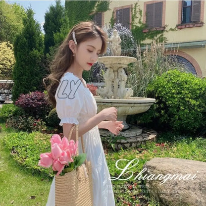 Hnewly Lucyever French Style Waist-Tight White Dress Women Elegant Lace Square Collar Long Dress Woman Summer Kawaii Fairy Dresses