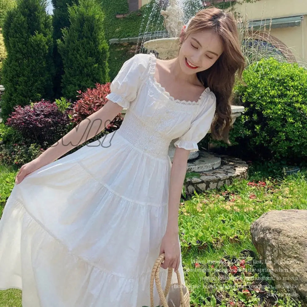 Hnewly Lucyever French Style Waist-Tight White Dress Women Elegant Lace Square Collar Long Dress Woman Summer Kawaii Fairy Dresses