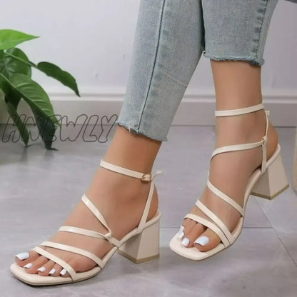 Hnewly Luxury Sandals Women Fashion Summer Ladies High Heels Simple Square Toe Open Toe Heeled Sandals Straps Womens Shoes Zapatos