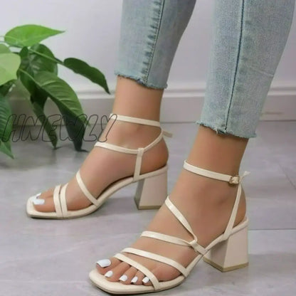 Hnewly Luxury Sandals Women Fashion Summer Ladies High Heels Simple Square Toe Open Toe Heeled Sandals Straps Womens Shoes Zapatos