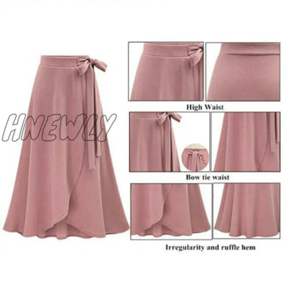 xsrrr M-6XL Women Maxi Skirt Pink Ruffle High Waist Bowtie Slit Long Skirt Spring Summer Office Casual Elegant Solid Skirt Plus Size Spring Outfits Trends