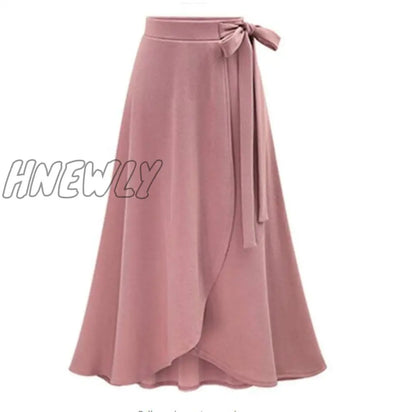 xsrrr M-6XL Women Maxi Skirt Pink Ruffle High Waist Bowtie Slit Long Skirt Spring Summer Office Casual Elegant Solid Skirt Plus Size Spring Outfits Trends