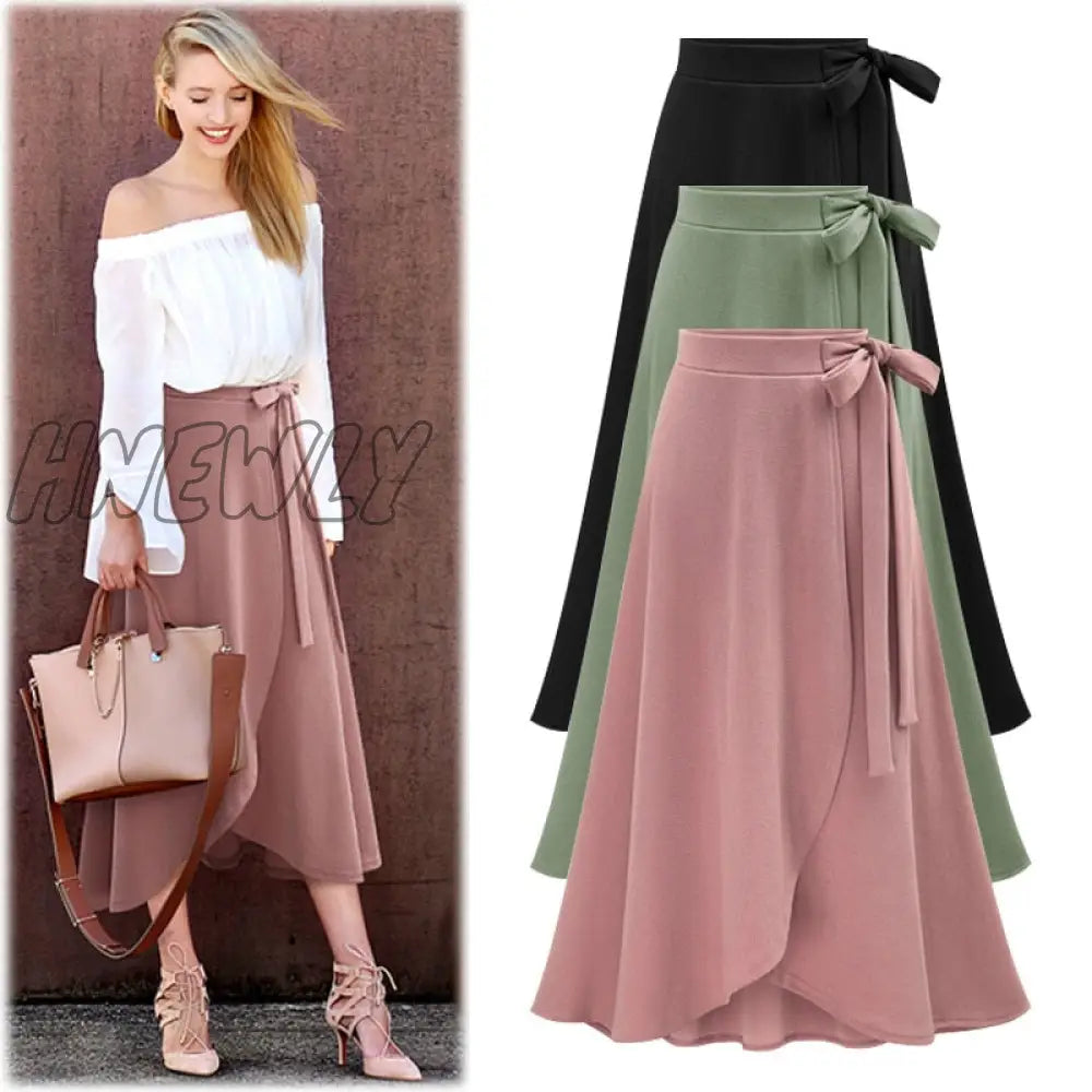 xsrrr M-6XL Women Maxi Skirt Pink Ruffle High Waist Bowtie Slit Long Skirt Spring Summer Office Casual Elegant Solid Skirt Plus Size Spring Outfits Trends