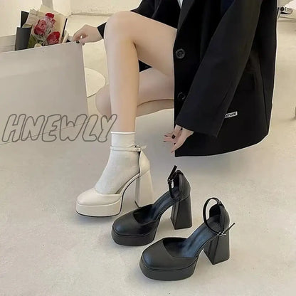 Hnewly Mary Jane Shoes Women New Spring Autumn Thick Heels High Heels Waterproof Platform Hollow Luxury Brand Women's Shoes Pumps