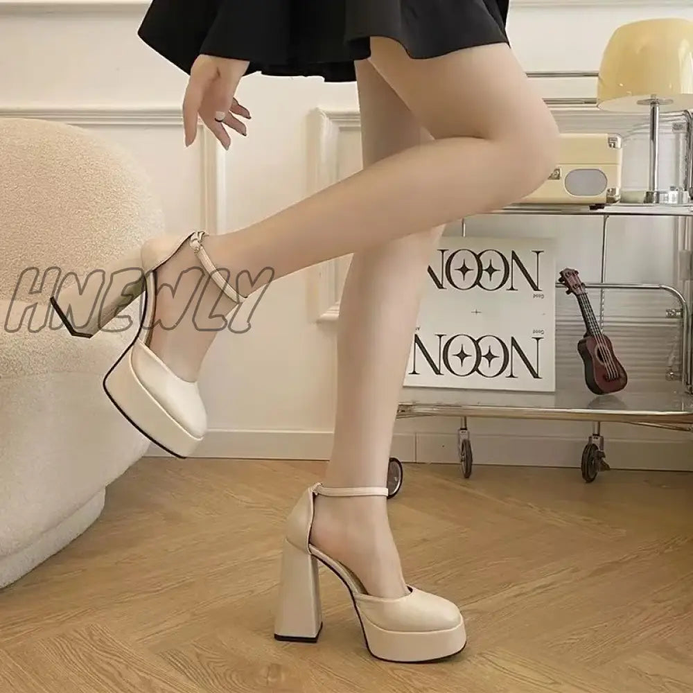 Hnewly Mary Jane Shoes Women New Spring Autumn Thick Heels High Heels Waterproof Platform Hollow Luxury Brand Women's Shoes Pumps