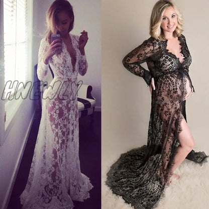 Hnewly maternity dress for photoshoot Summer Women Front Split Long Maxi Maternity Black & White Lace Dress Pregnant Lace Dress Gown Photography Prop See Through Dress