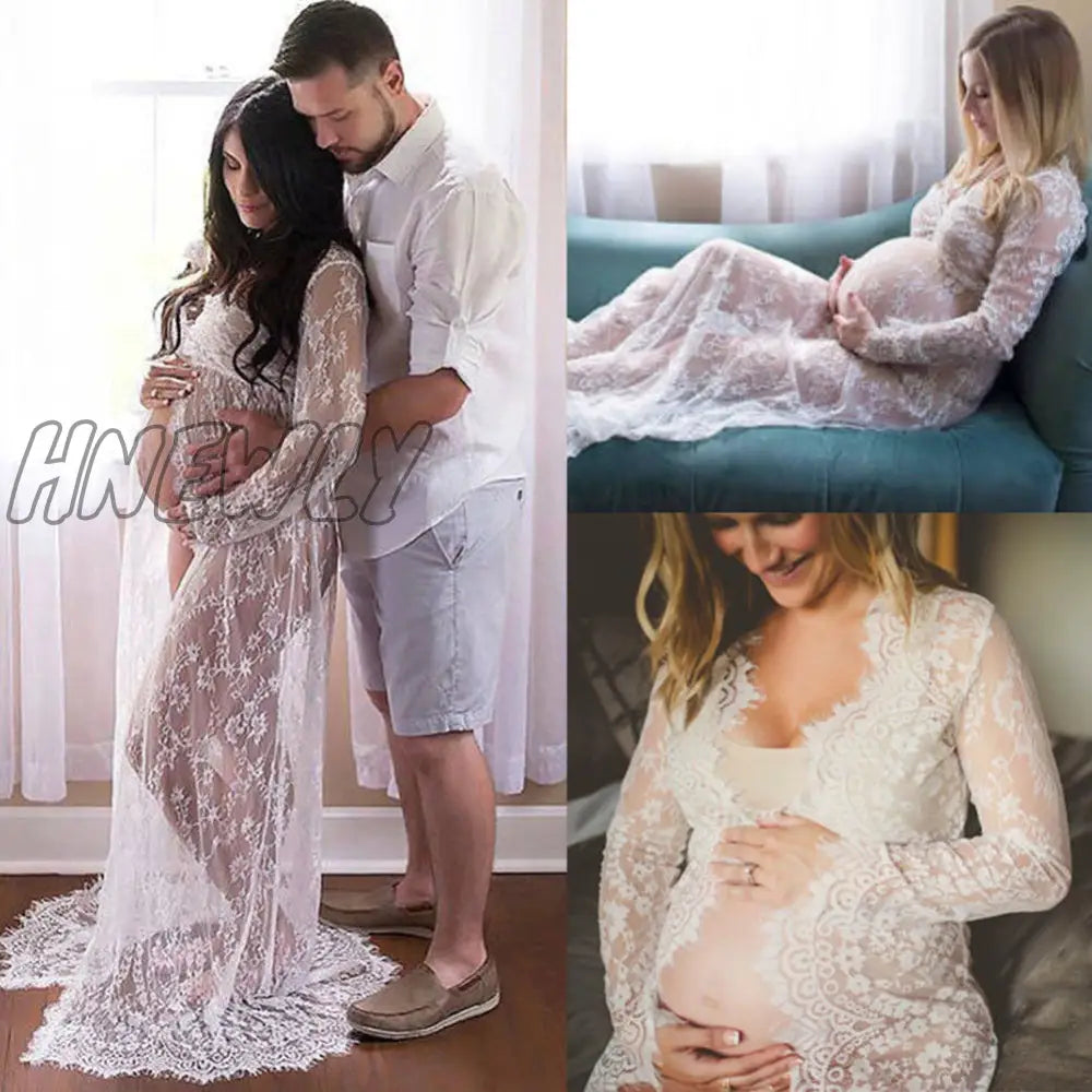 Hnewly maternity dress for photoshoot Summer Women Front Split Long Maxi Maternity Black & White Lace Dress Pregnant Lace Dress Gown Photography Prop See Through Dress