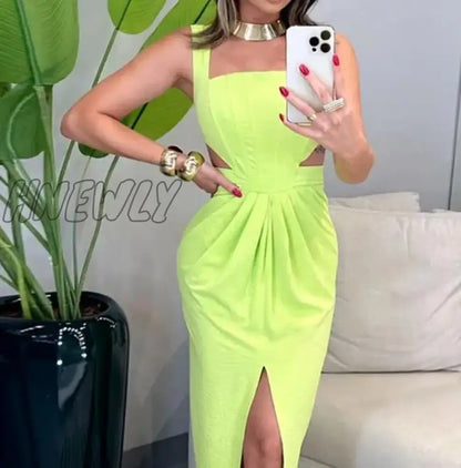 Hnewly Maxi Dress for Women Summer Elegant Solid Color Square Neck Sleeveless Pleated Slim Fit High Waist Hollow Out Bodycon Dress