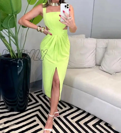 Hnewly Maxi Dress for Women Summer Elegant Solid Color Square Neck Sleeveless Pleated Slim Fit High Waist Hollow Out Bodycon Dress