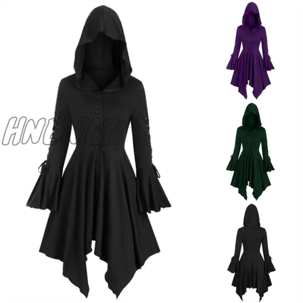 xsrrr Medieval Cosplay Gothic Halloween Costumes for Women Dress Witch Middle Ages Renaissance Black Cloak Clothing Hooded Dress