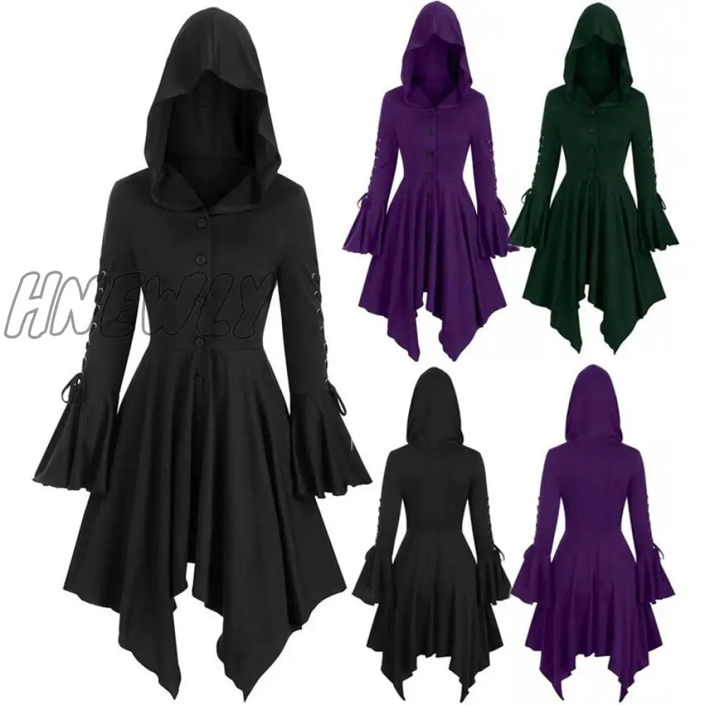 xsrrr Medieval Cosplay Gothic Halloween Costumes for Women Dress Witch Middle Ages Renaissance Black Cloak Clothing Hooded Dress