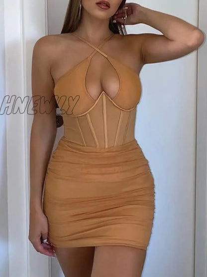 xsrrr Mesh Corset Dress Sexy Cut Out Spaghetti Strap Layer 2 Lining Bones Hoops Bodycon Dress Women Fashion Mini Dresses Valentines Day