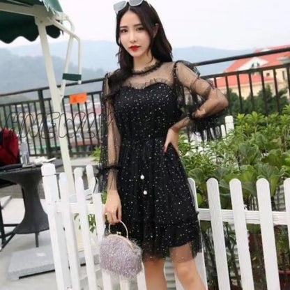 xsrrr Mesh Dresses Women Patchwork Sequined Holiday O-Neck Spring Korean Style Elegant Vestido Feminino Sweet College Female Popular