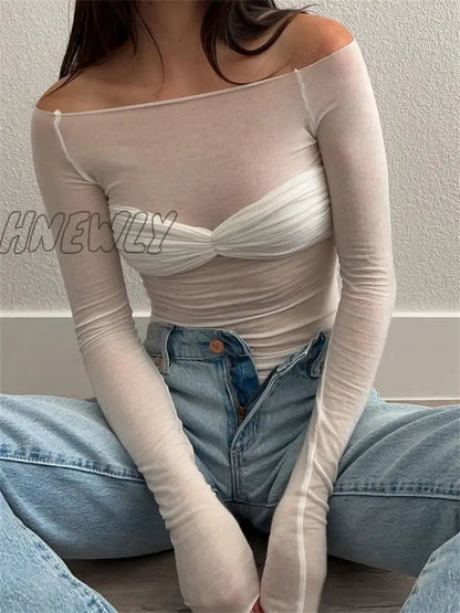 Hnewly Mesh Sheer Off-Shoulder Top Shirt For Women New Long Sleeve See-Through Lace Knit Pullover Tops Summer Mesh Top Tee Shirt