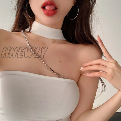 xsrrr Mini Dress Girl Summer Metal Crystal Chain Irregular Slim Skinny Sweet Women Korean Skinny Chest Wrapping Summer