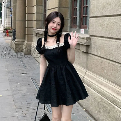 Hnewly Mini Dress Women Vintage Summer Vacation Street Style Chic Square Collar Ladies Sundress Slim Ins Party Vestidos Backless Black