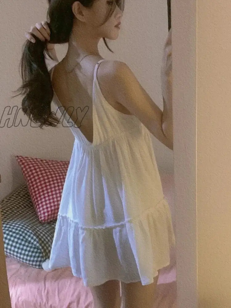 xsrrr Mini Nightgowns Women Sexy Fashion Soft Summer Sleeveless Daily Backless Simple Solid Elegant Loose Design Folds Sleepwear Hot