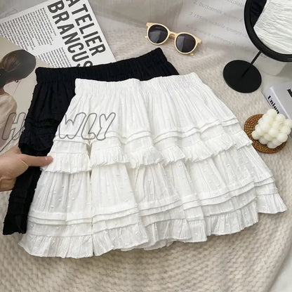 Hnewly Mini Pleated Skirt Women Summer Korean Fashion White Black All Match Ruffles Aesthetic High Waist Skirt Female