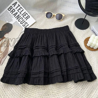 Hnewly Mini Pleated Skirt Women Summer Korean Fashion White Black All Match Ruffles Aesthetic High Waist Skirt Female